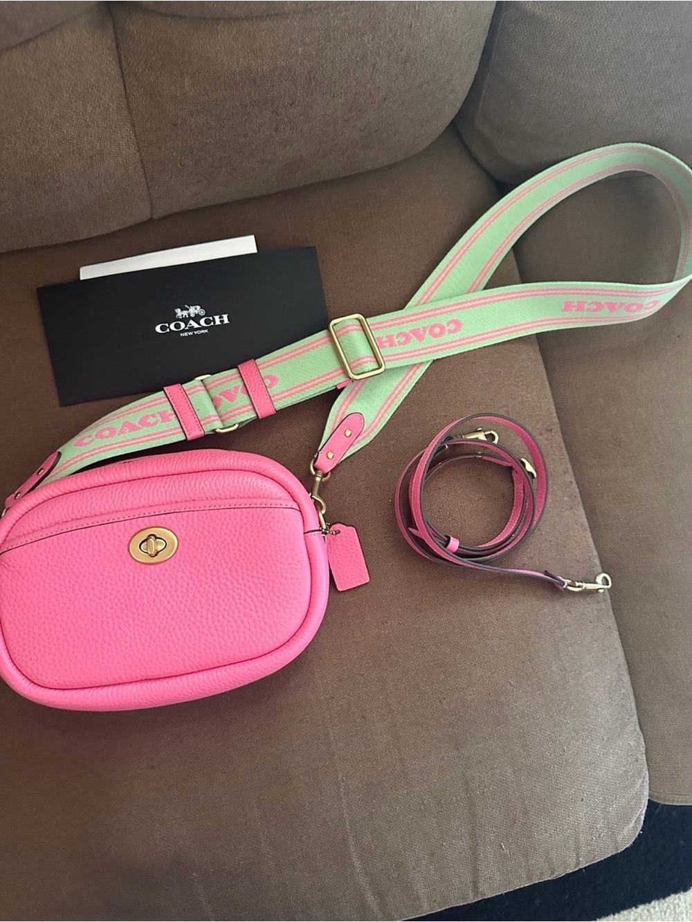 Coach Pink Pebbled Leather Crossbody with Mint Logo Strap